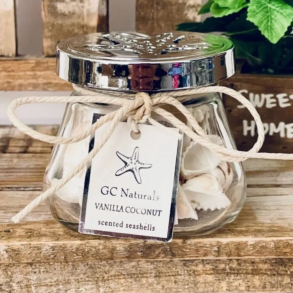NWT GC Naturals VANILLA COCONUT scented seashells Decorative Glass Aroma Jar